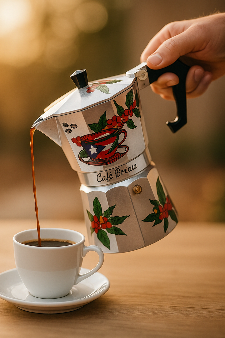 Handcrafted Puerto Rican greca pouring fresh coffee into a white cup on a wooden table