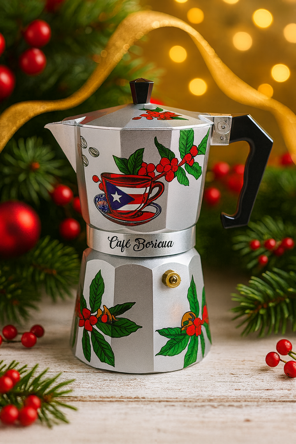 Handcrafted Puerto Rican greca with festive design for brewing authentic coffee