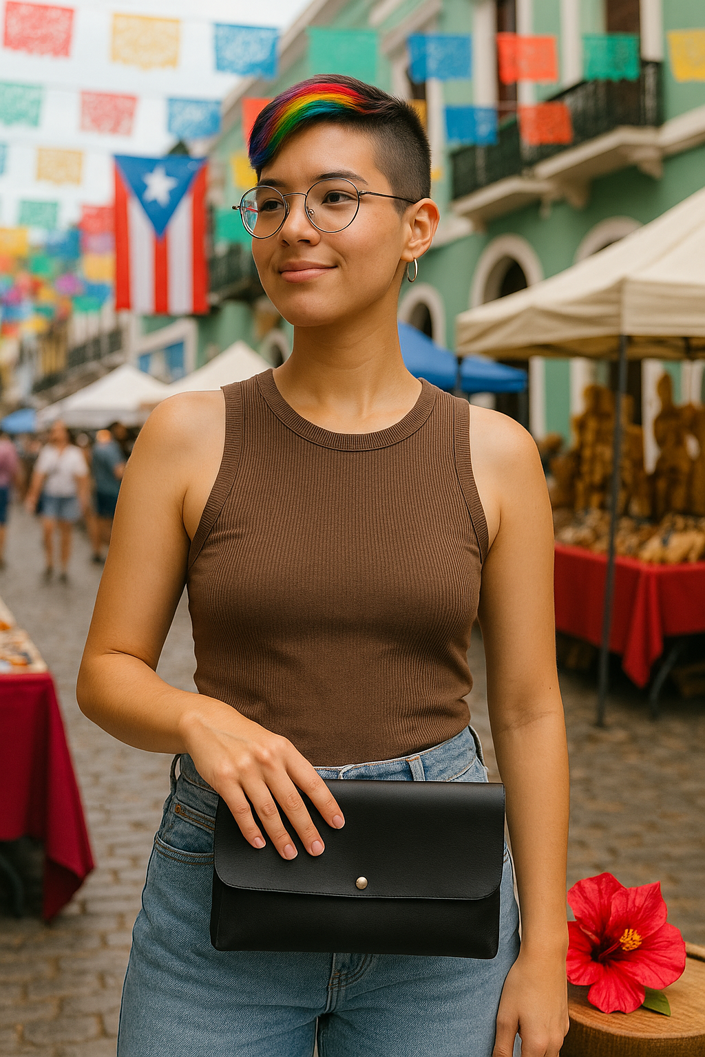 Model holding a handmade black leather purse at an outdoor market with colorful decorations