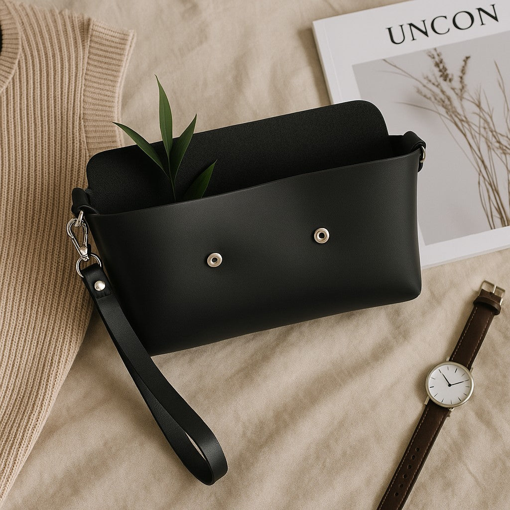 Handmade black leather purse by Atelierry with simple design and stylish look