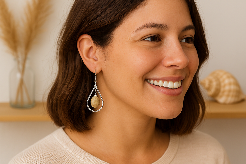 Lagunarte boho ocean earrings featuring a seashell pendant on a silver teardrop hoop worn by a smiling woman