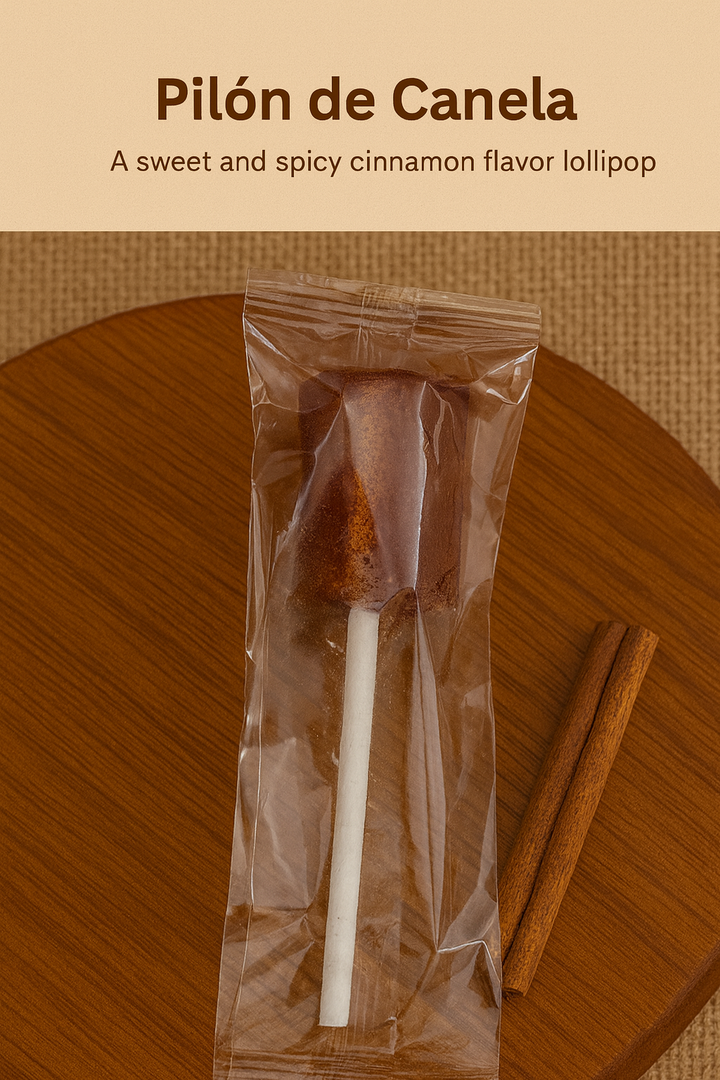 Boricua Gift Shop cinnamon Puerto Rican lollipop in clear wrapper on wooden board with cinnamon sticks