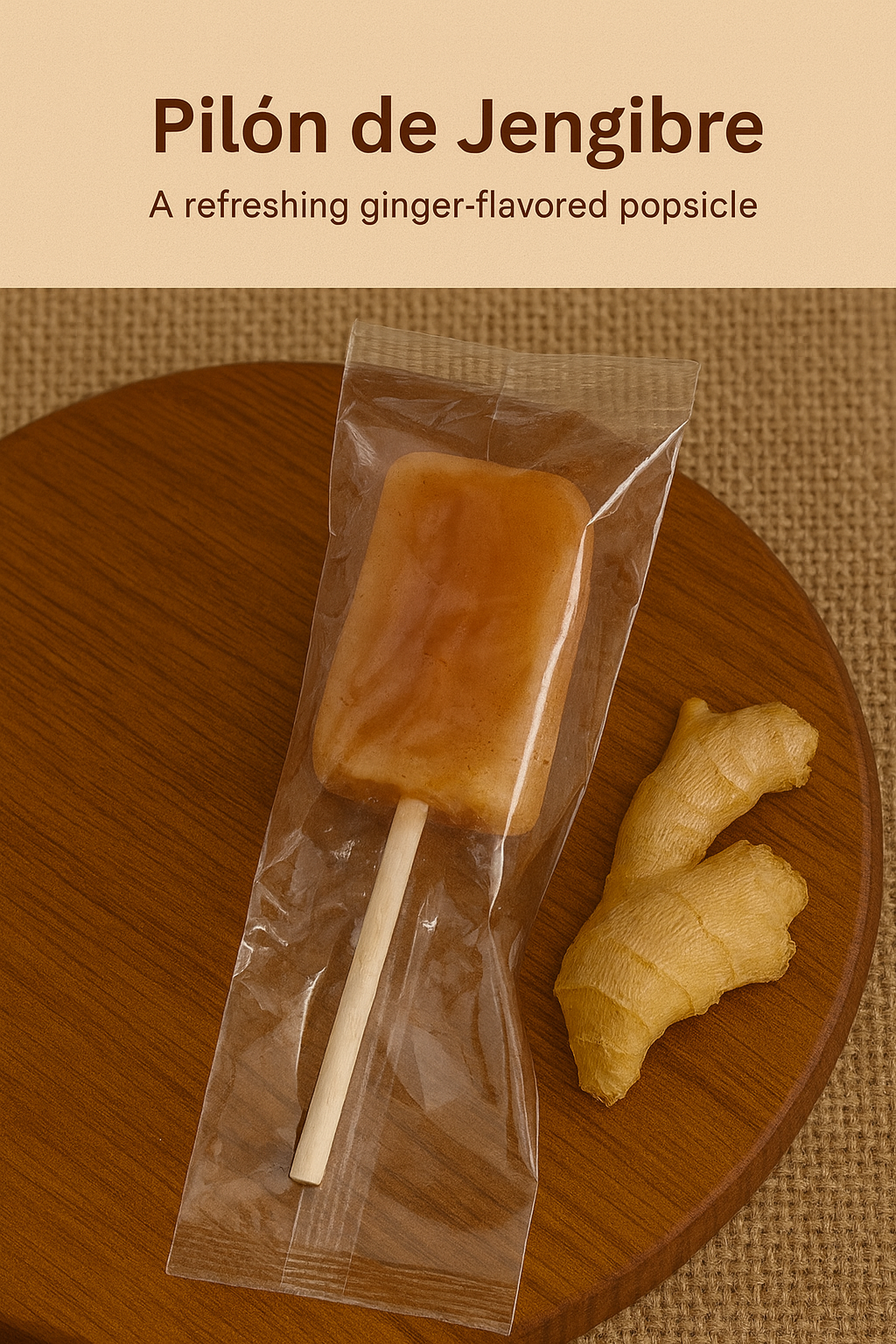 Puerto Rican ginger lollipop in clear wrapper on a wooden board with fresh ginger root Boricua Gift Shop candy