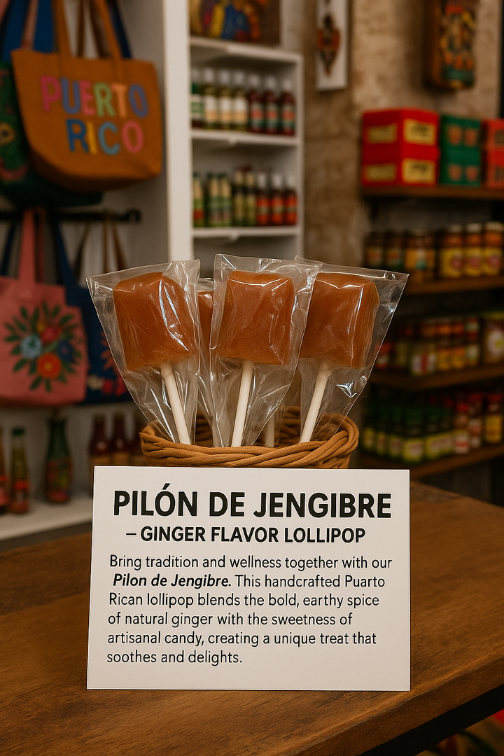 Three wrapped Puerto Rican ginger lollipop sticks displayed in a wicker basket at Boricua Gift Shop