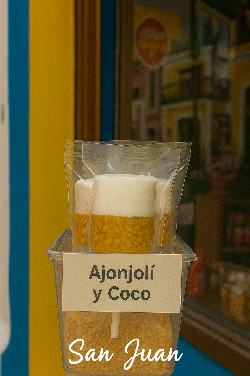 Puerto Rican sesame coconut lollipop wrapped in clear plastic with white coconut top and sesame base labeled Ajonjoli y Coco