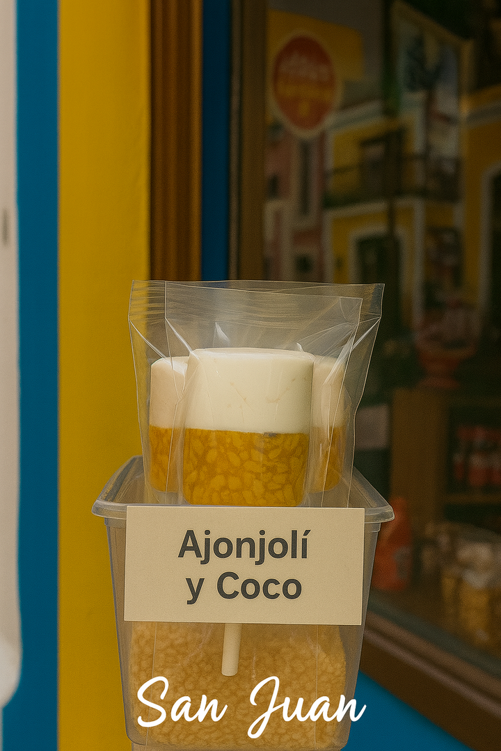 Puerto Rican sesame coconut lollipop wrapped in clear plastic with white coconut top and sesame base labeled Ajonjoli y Coco