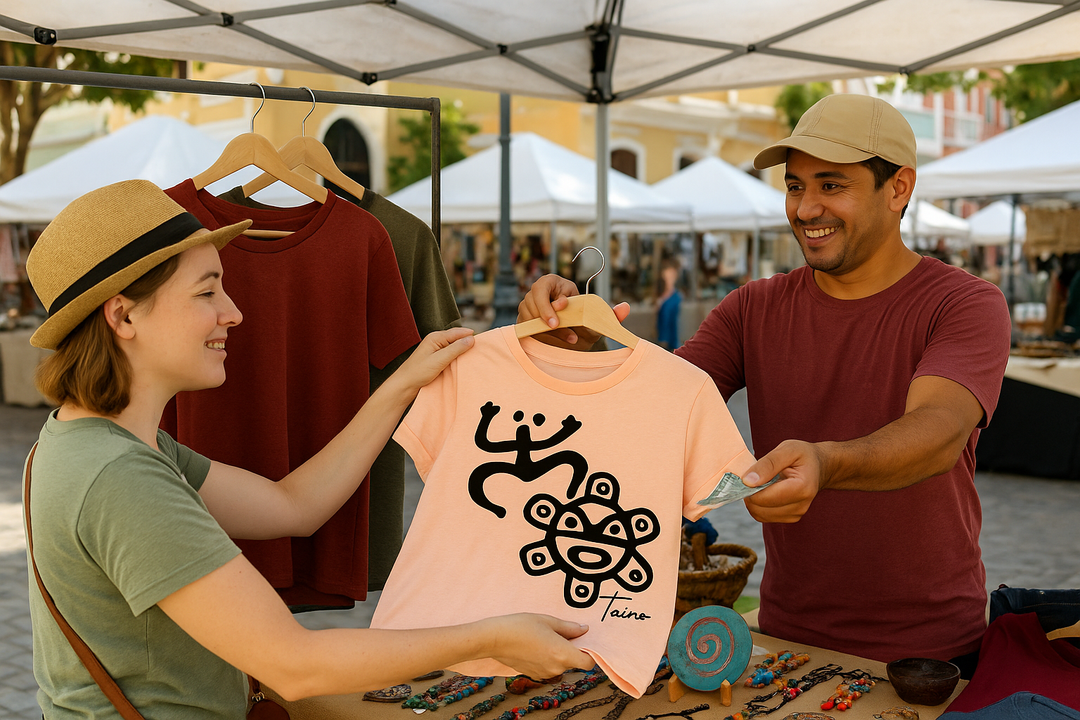 Boricua Gift Shop Taino symbol shirt peach tee displayed by vendor at outdoor market with smiling customer