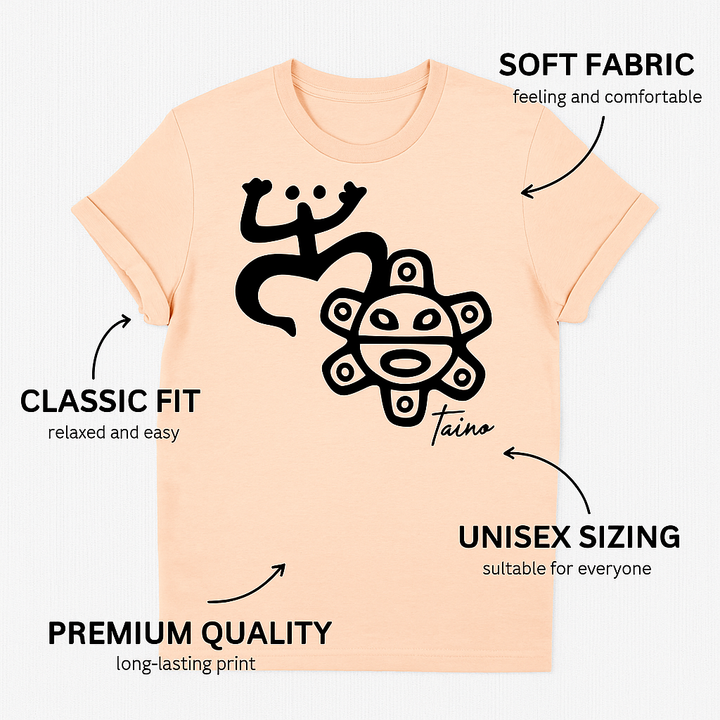 Taino symbol shirt peach unisex tee with black Taino symbols classic fit soft fabric from Boricua Gift Shop