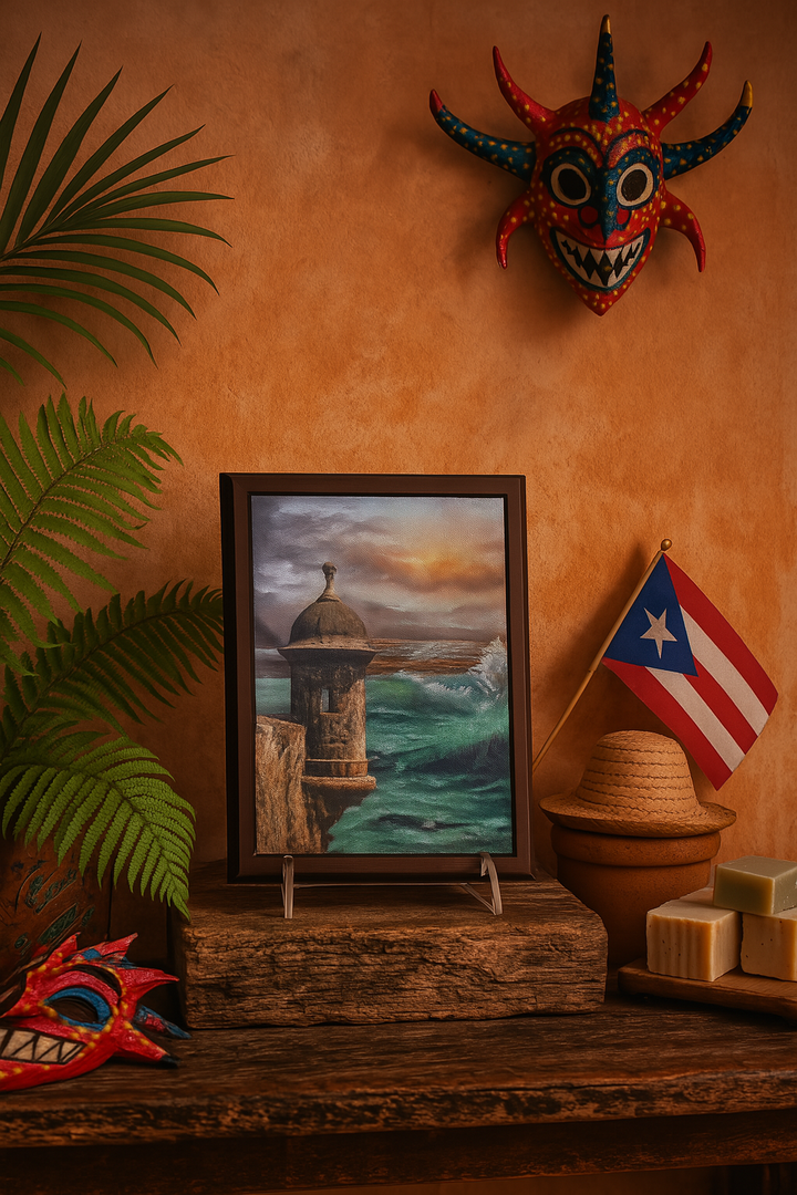 La Garita Viejo San Juan painting by Jamie Thomas Art Studio displayed on wooden stand with Puerto Rican flag and traditional decor
