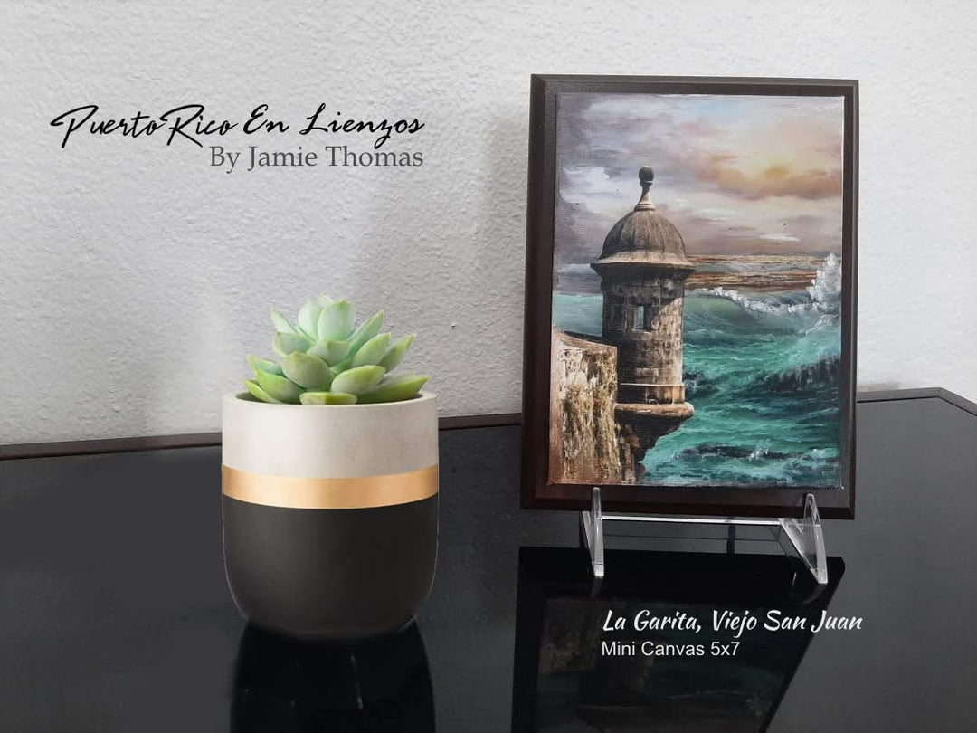 La Garita Viejo San Juan painting by Jamie Thomas showing historic fort guard tower over turbulent ocean