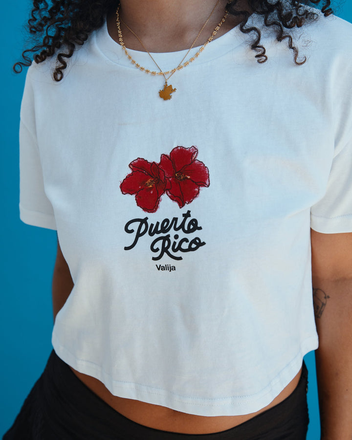 White La Rincon Maga top for women by Valija with red floral design and Puerto Rico text
