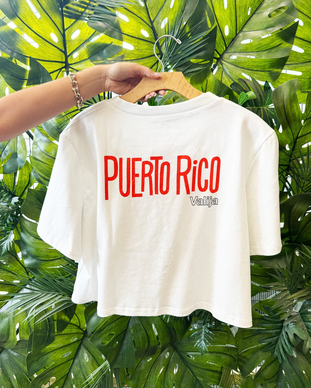La San Juan Top by Valija in white with bold Puerto Rico graphic on the back