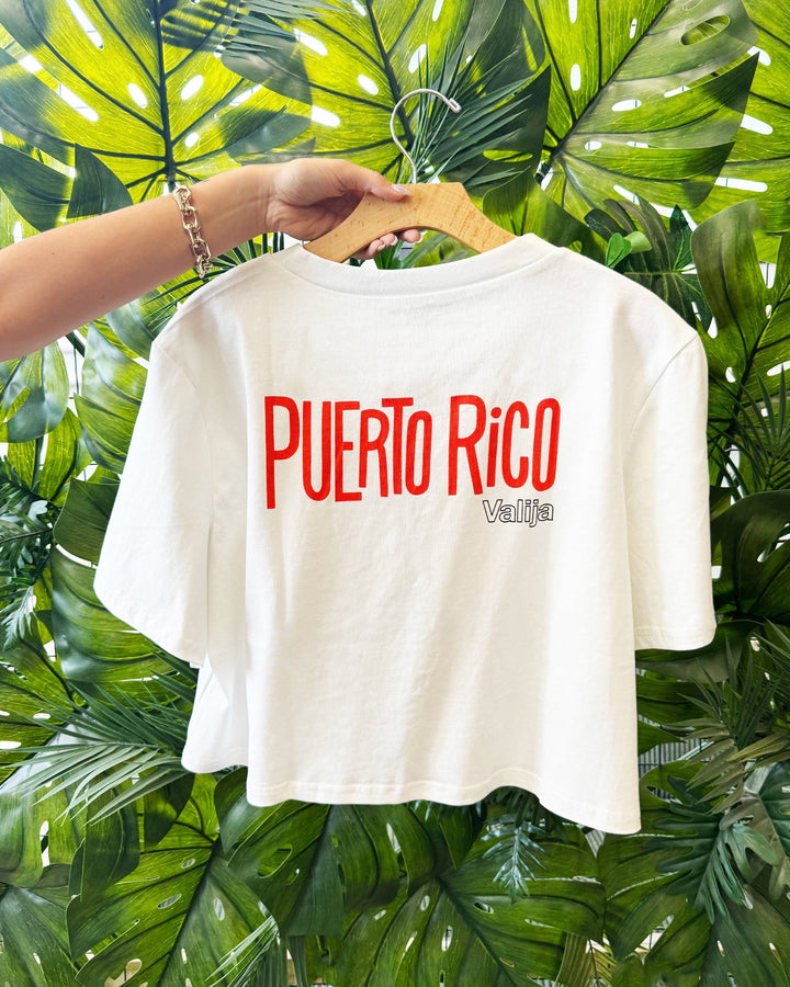 La San Juan Top by Valija in white with bold Puerto Rico graphic on the back