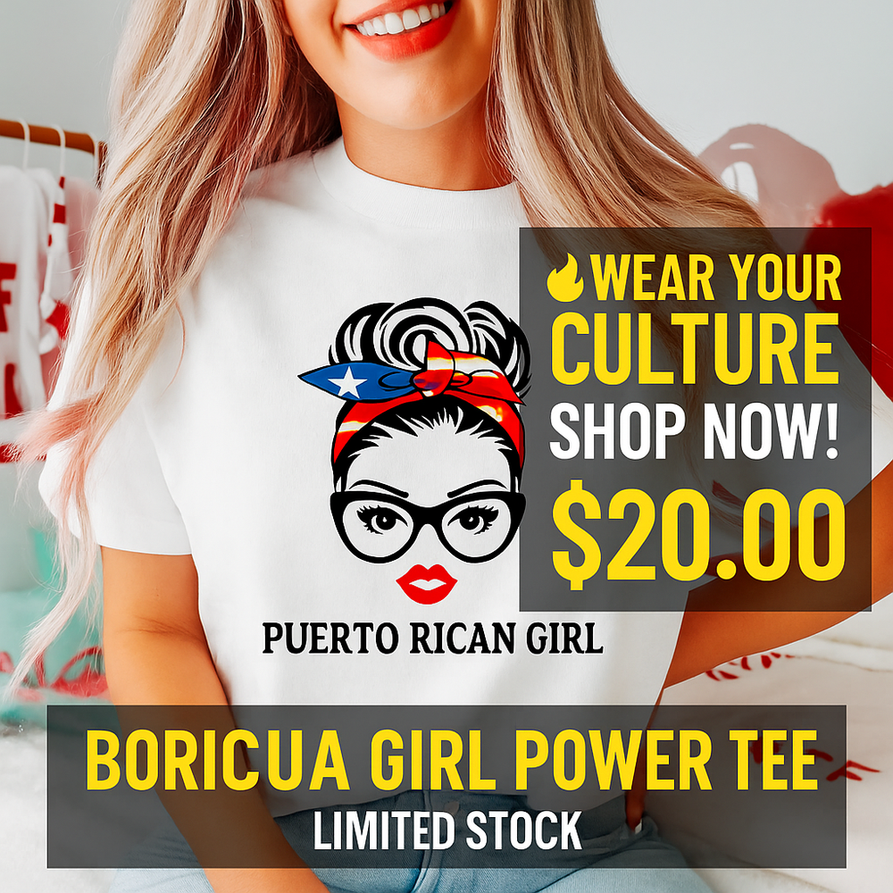 Latina heritage pride tee white Boricua Girl Power T-Shirt with Puerto Rican flag headband design