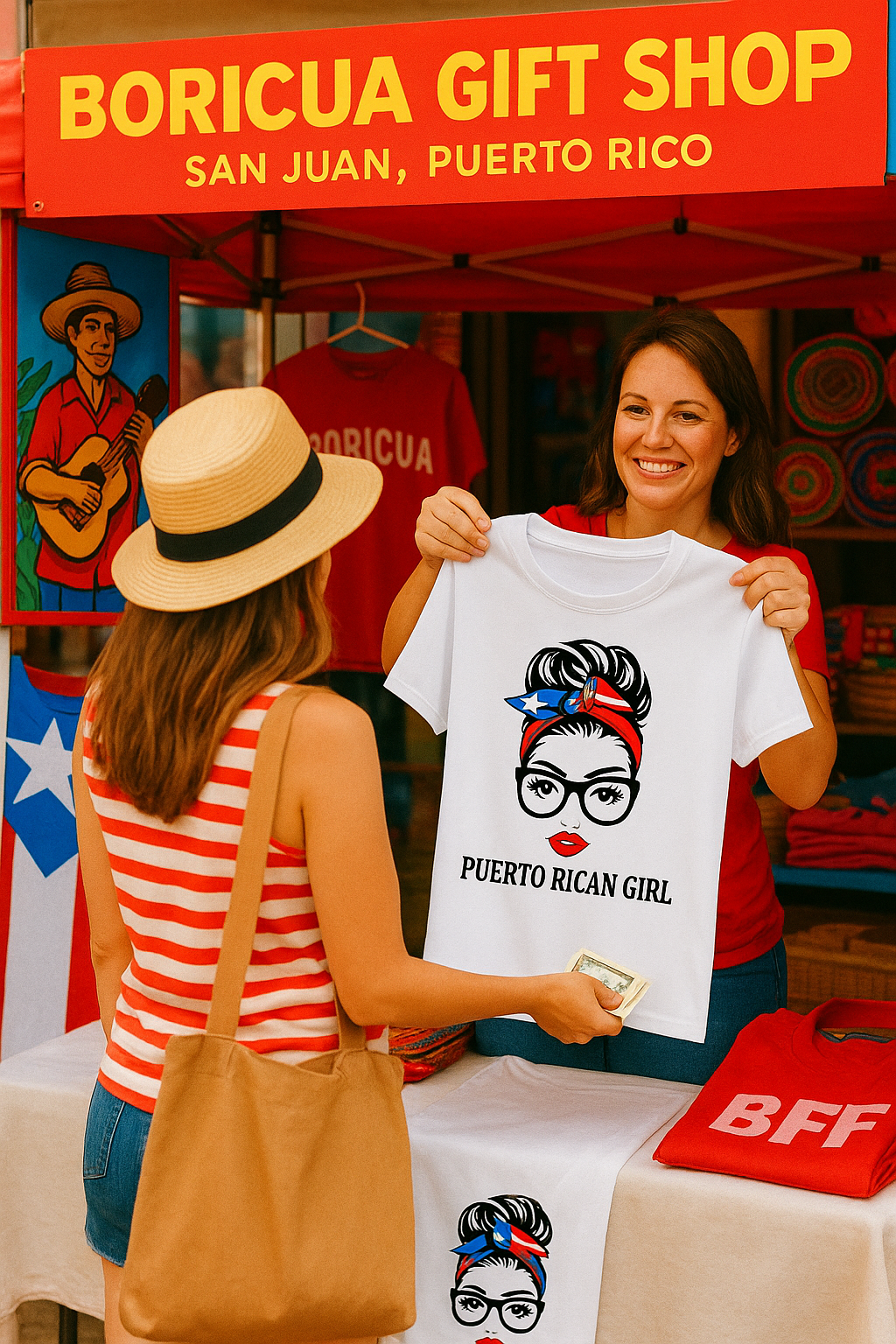 Latina heritage pride tee white shirt with Puerto Rican Girl design at Boricua Gift Shop stand