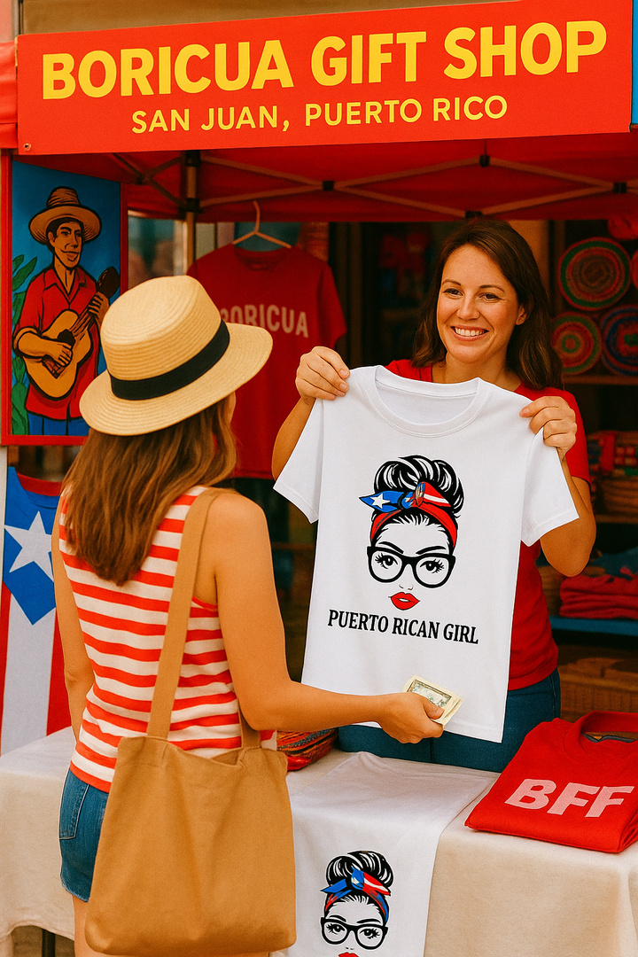 Latina heritage pride tee white shirt with Puerto Rican Girl design at Boricua Gift Shop stand