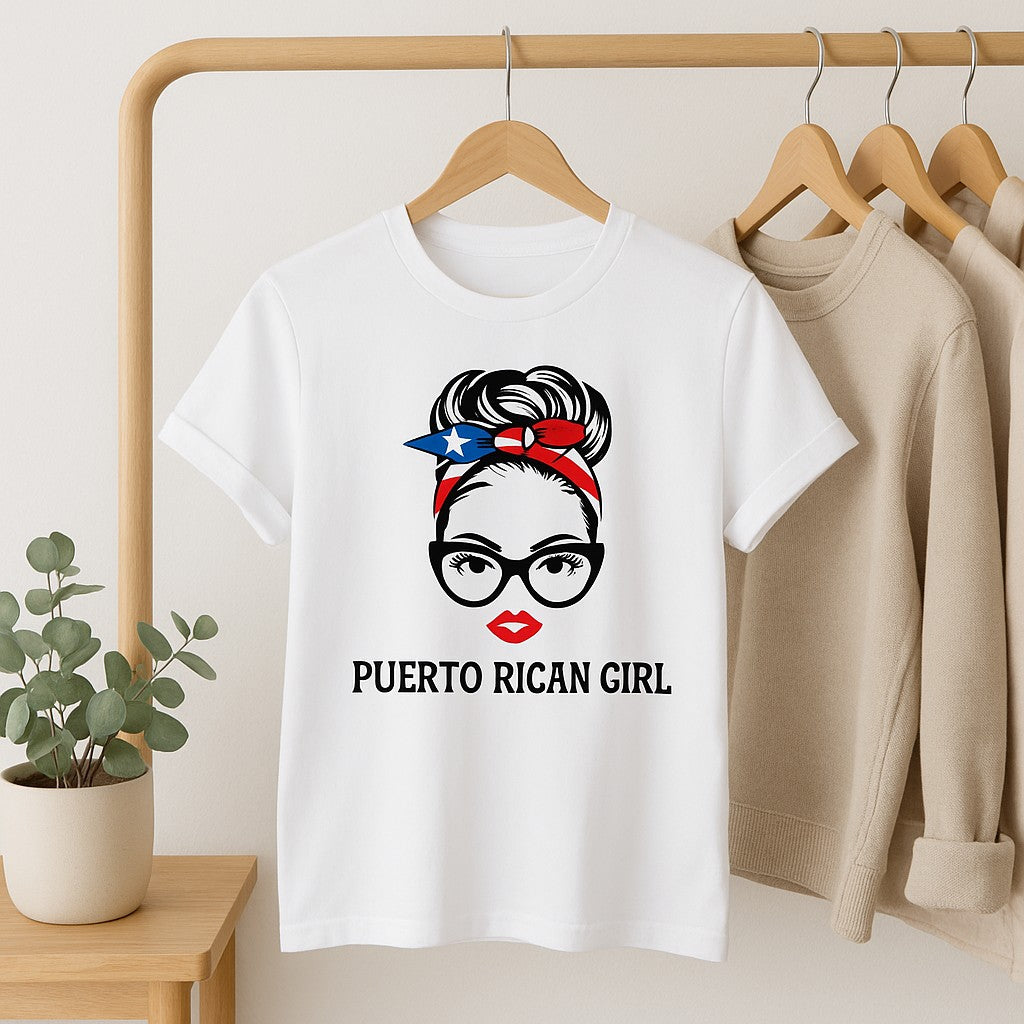 White Latina heritage pride tee with Puerto Rican girl graphic and flag headband at Boricua Gift Shop