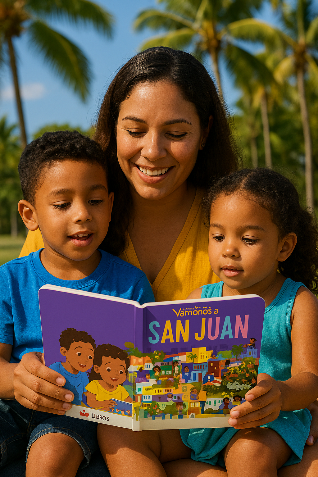 Woman reading a bilingual board book for kids with two children outdoors in a tropical setting