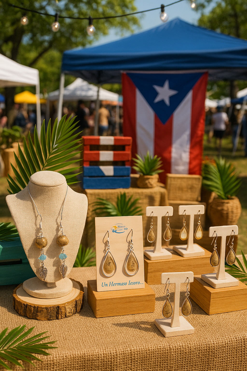 Lagunarte sand and crystal earrings displayed on stands and a necklace bust at an outdoor market