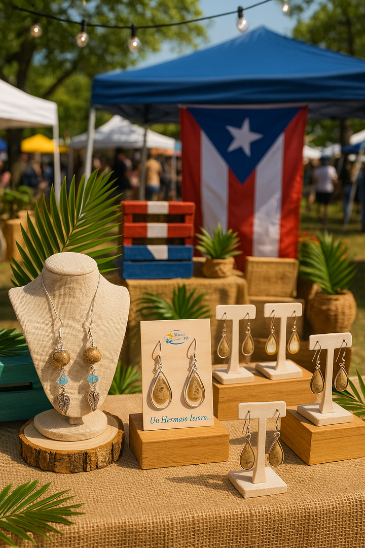 Lagunarte sand and crystal earrings displayed on stands and a necklace bust at an outdoor market