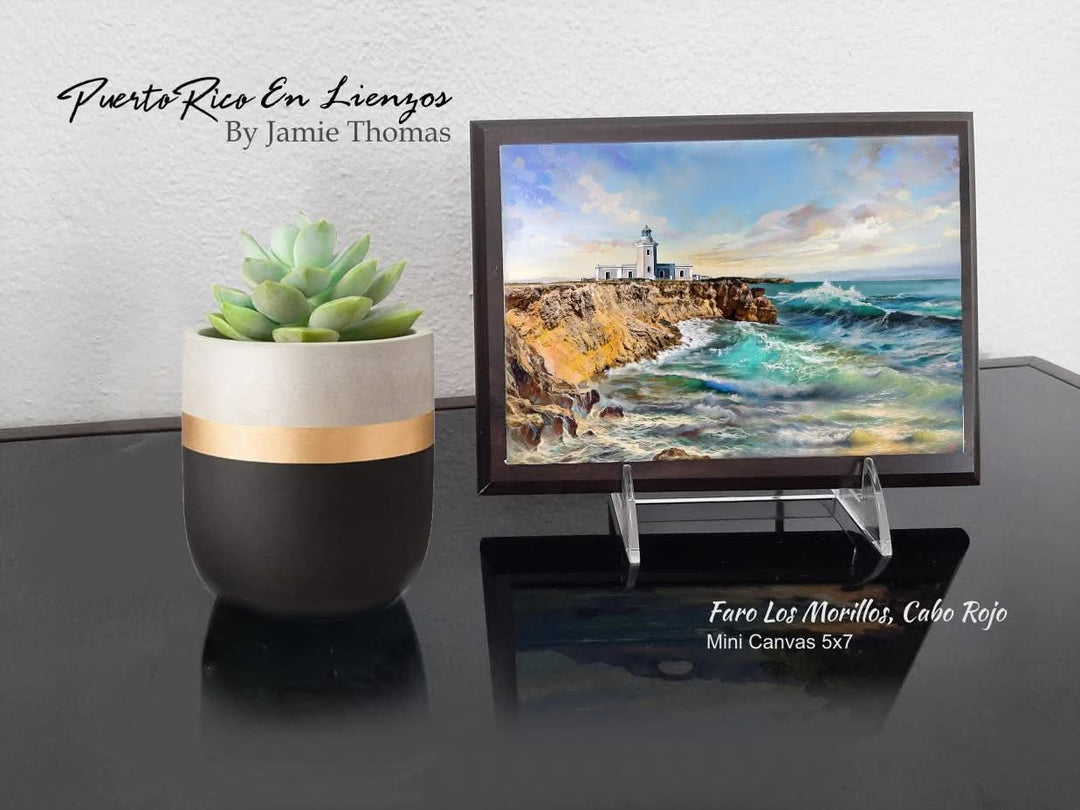 Faro Los Morillos Cabo Rojo painting on mini canvas by Jamie Thomas Art Studio displayed on clear stand