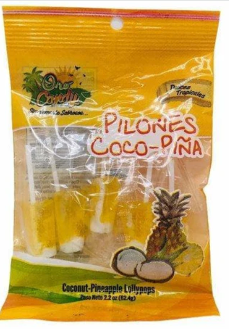 Oro Candy Pilones Coco-Piña Coconut-Pineapple Lollipops featuring handcrafted Puerto Rico sweets