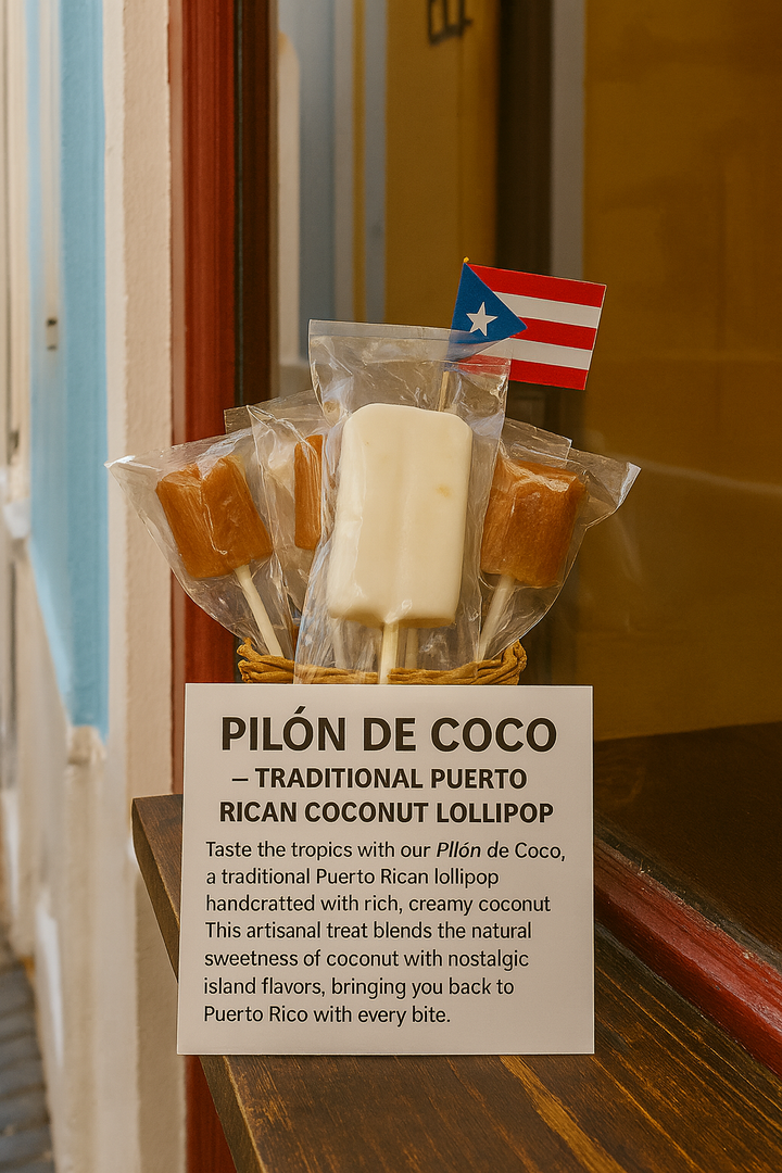 Boricua Gift Shop display of Puerto Rican coconut lollipop assortment in basket with Puerto Rico flag