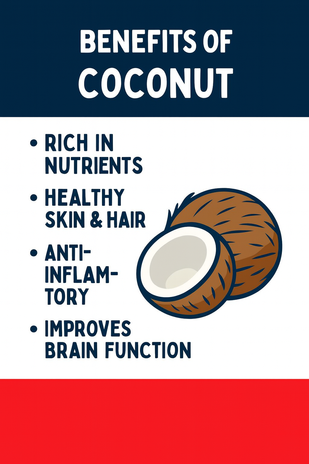 Boricua Puerto Rican coconut lollipop infographic showing coconut halves and benefits like rich nutrients and healthy skin