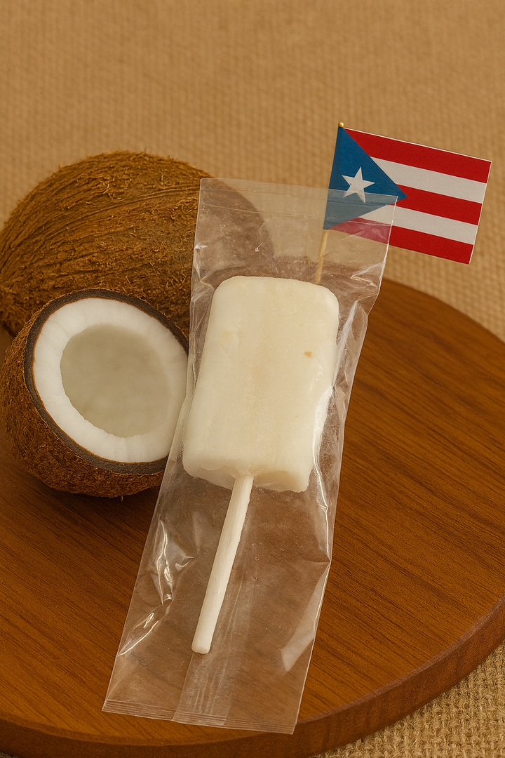 Boricua Gift Shop Puerto Rican coconut lollipop wrapped on a stick with whole coconut and Puerto Rican flag