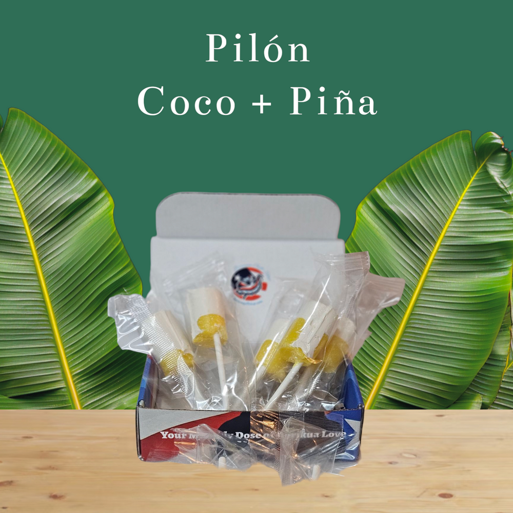 Box of Pilon coconut and pineapple lollipops from Boricua Gift Shop traditional Puerto Rican sweets