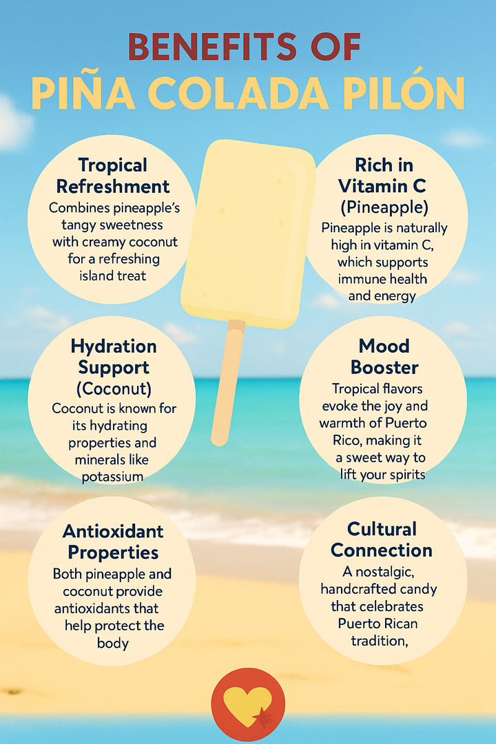 Pina Colada Pilon popsicle infographic on a beach listing health benefits from Boricua Gift Shop traditional Puerto Rican sweets