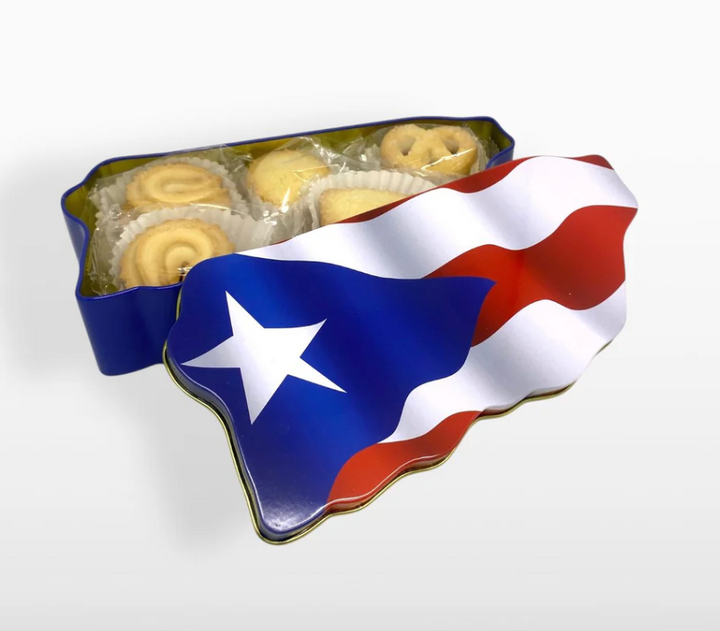 Puerto Rican butter cookies tin featuring assorted cookies in a colorful design with a flag