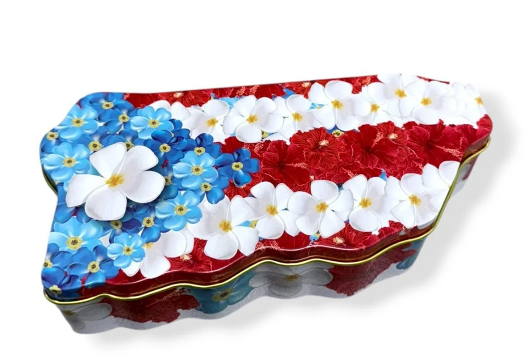 Puerto Rican butter cookies tin with floral design in red and blue