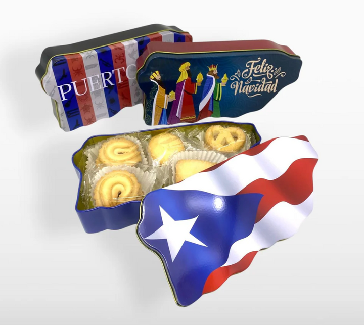 Puerto Rican butter cookies tin featuring colorful designs and assorted delicious cookies inside