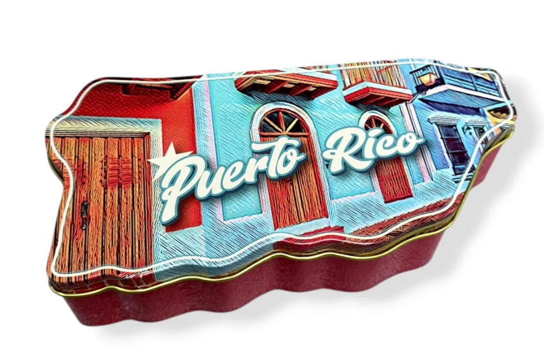 Puerto Rican butter cookies tin in the shape of Puerto Rico for delicious treats