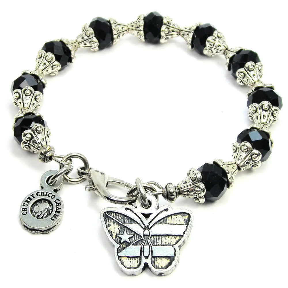 Chubby Chico Puerto Rican butterfly bracelet with black beads and silver butterfly charm