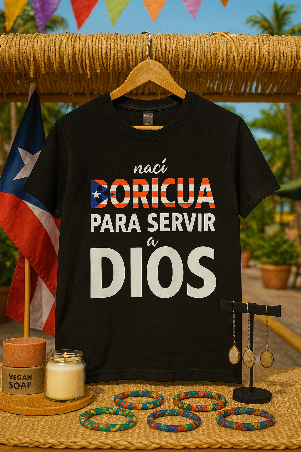 Black Puerto Rican Christian t-shirt with Boricua flag design and religious text displayed outdoors