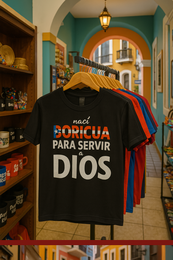 Black Puerto Rican Christian t-shirt with Boricua design hanging in colorful gift shop