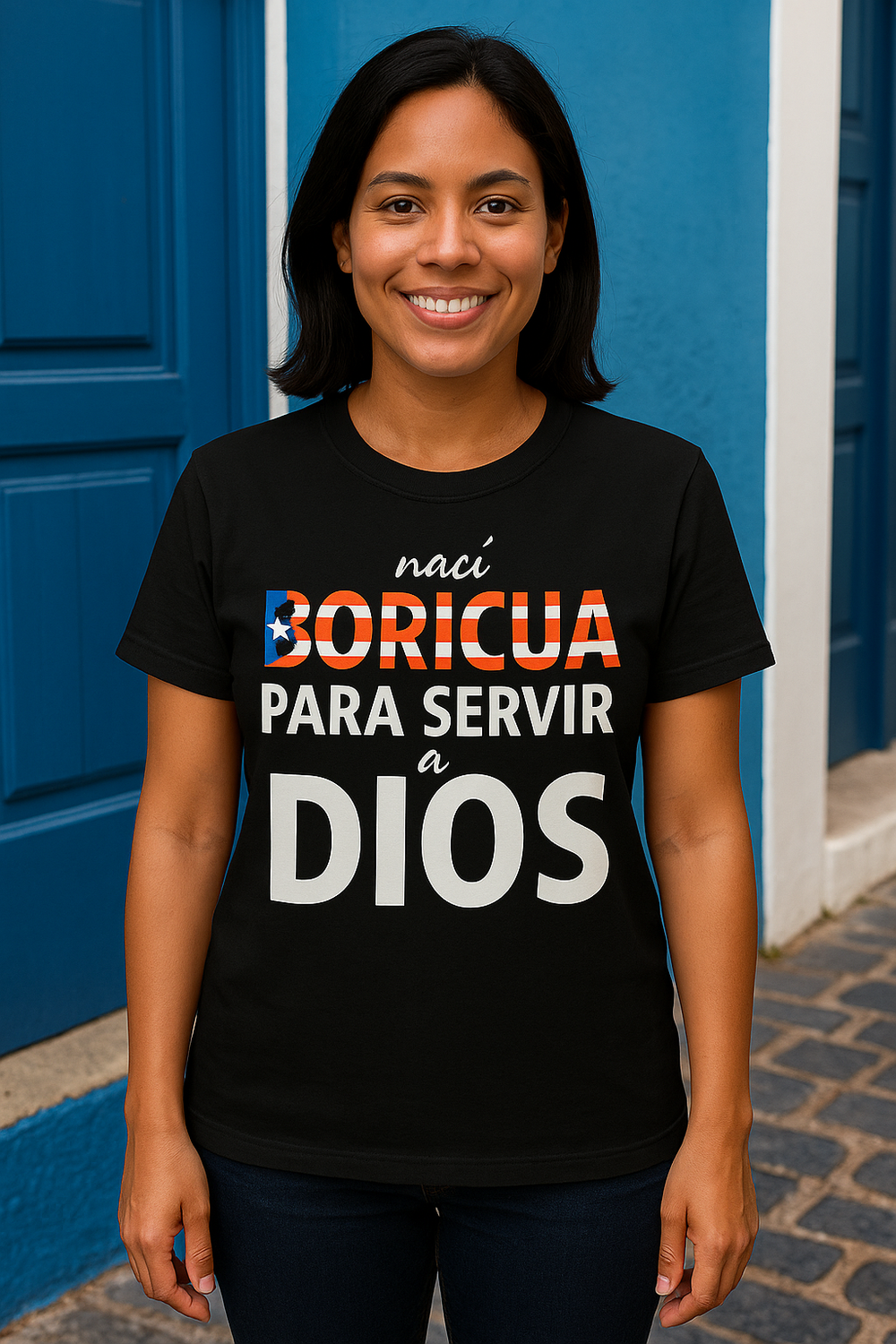 Puerto Rican Christian t-shirt black design with Boricua flag text worn by smiling woman