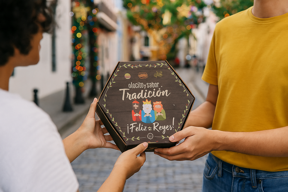 Puerto Rican coffee gift set with festive packaging featuring vibrant illustrations and a joyful message