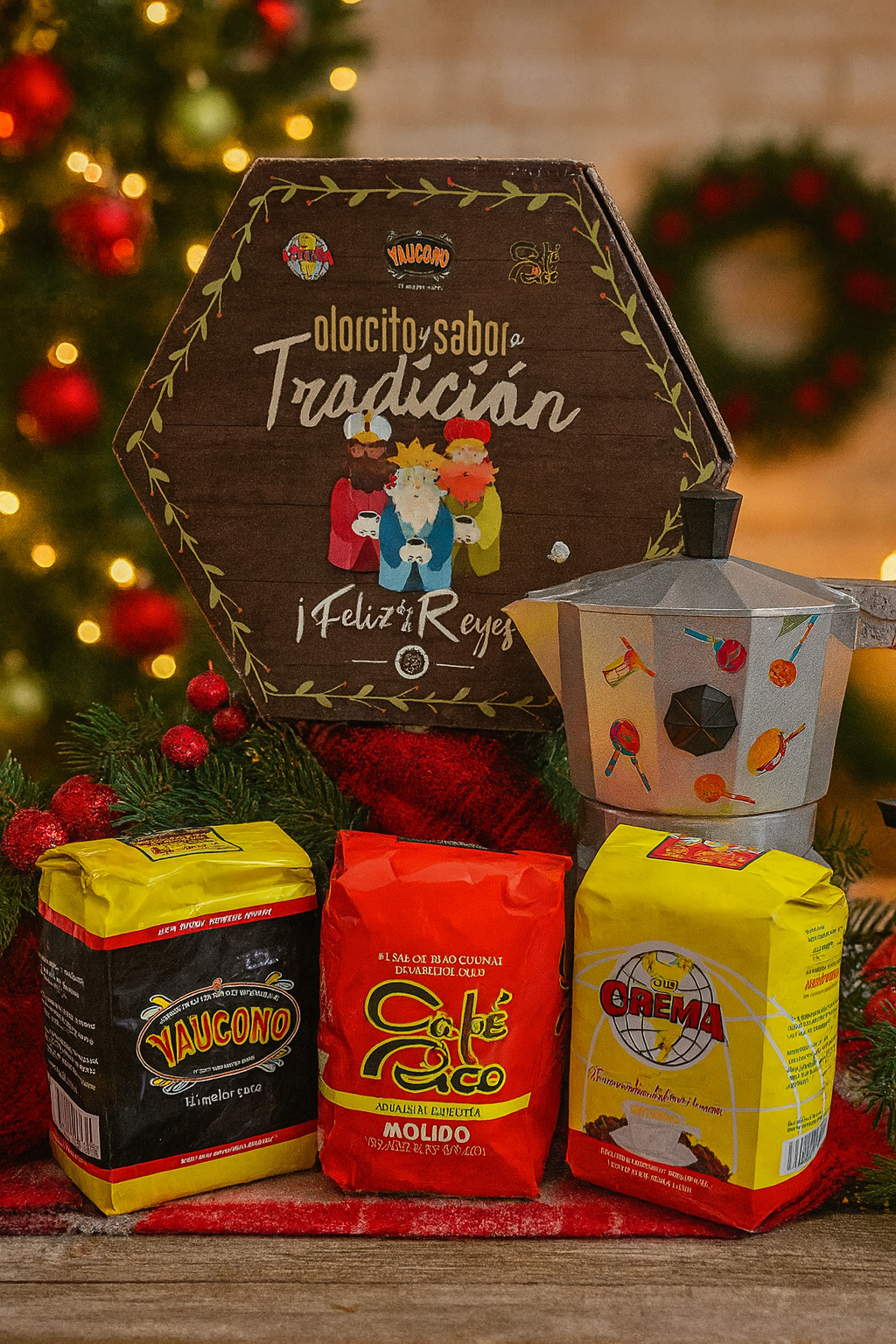 Puerto Rican coffee gift set featuring assorted coffee bags and a traditional espresso maker