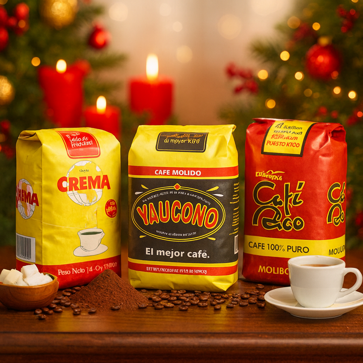 Puerto Rican coffee gift set featuring Yaucono, Cafe Rico, and Crema coffee bags with a white cup