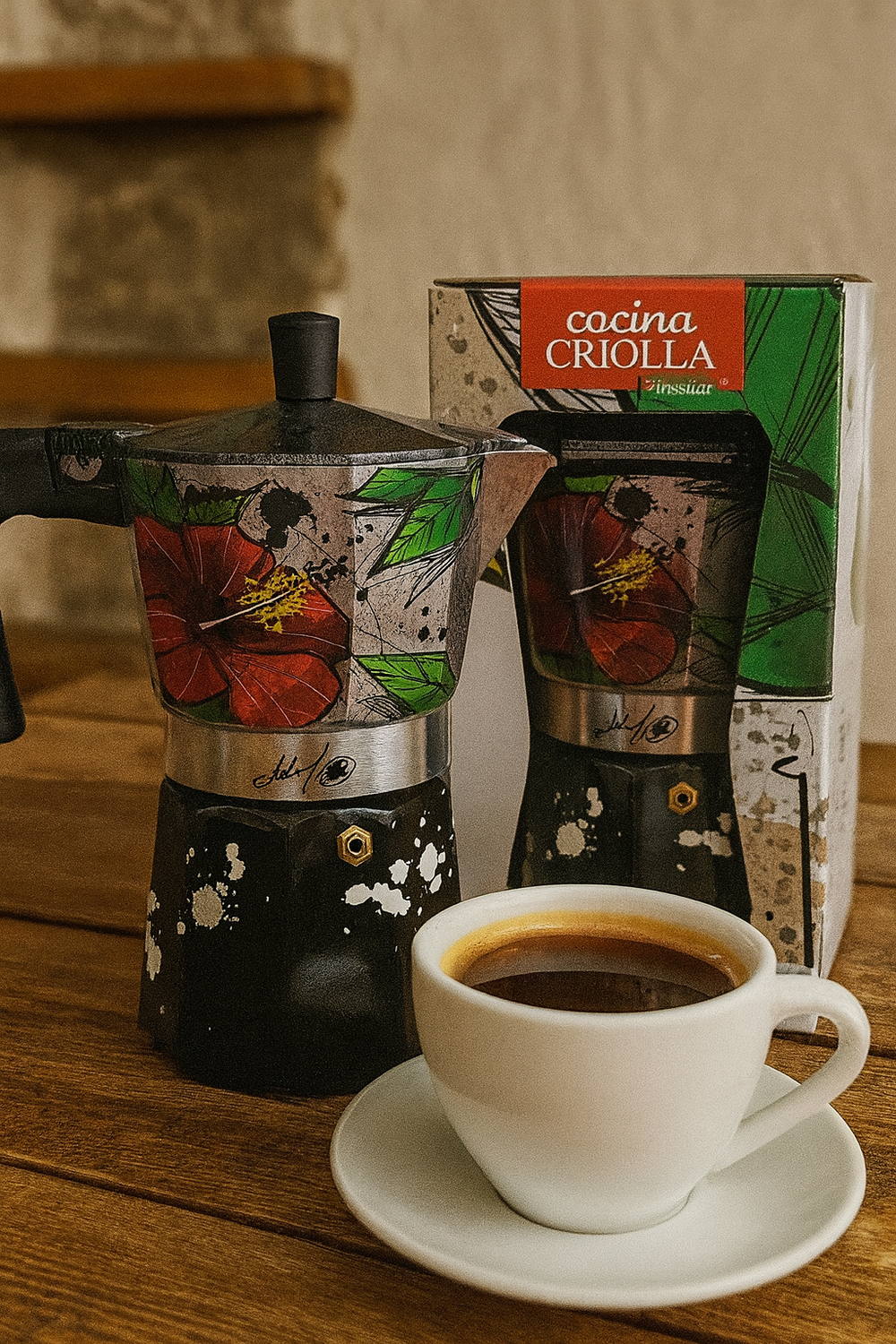 Pepe Ganga Puerto Rican coffee maker in colorful design with espresso cup on wooden table
