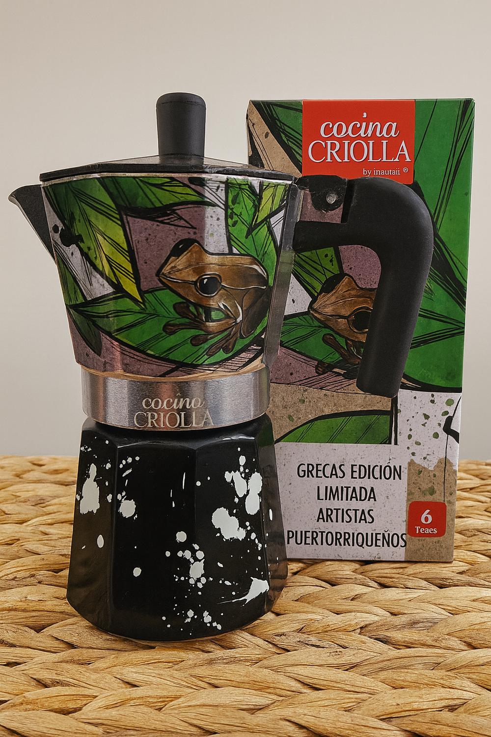 Puerto Rican coffee maker with vibrant design featuring tropical leaves and a frog illustration