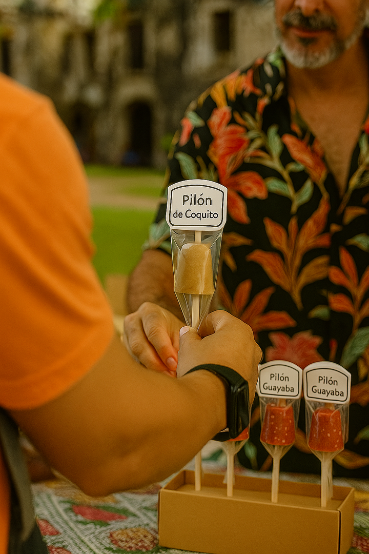 Puerto Rican coquito lollipop by El Artesano being handed over at outdoor market stand