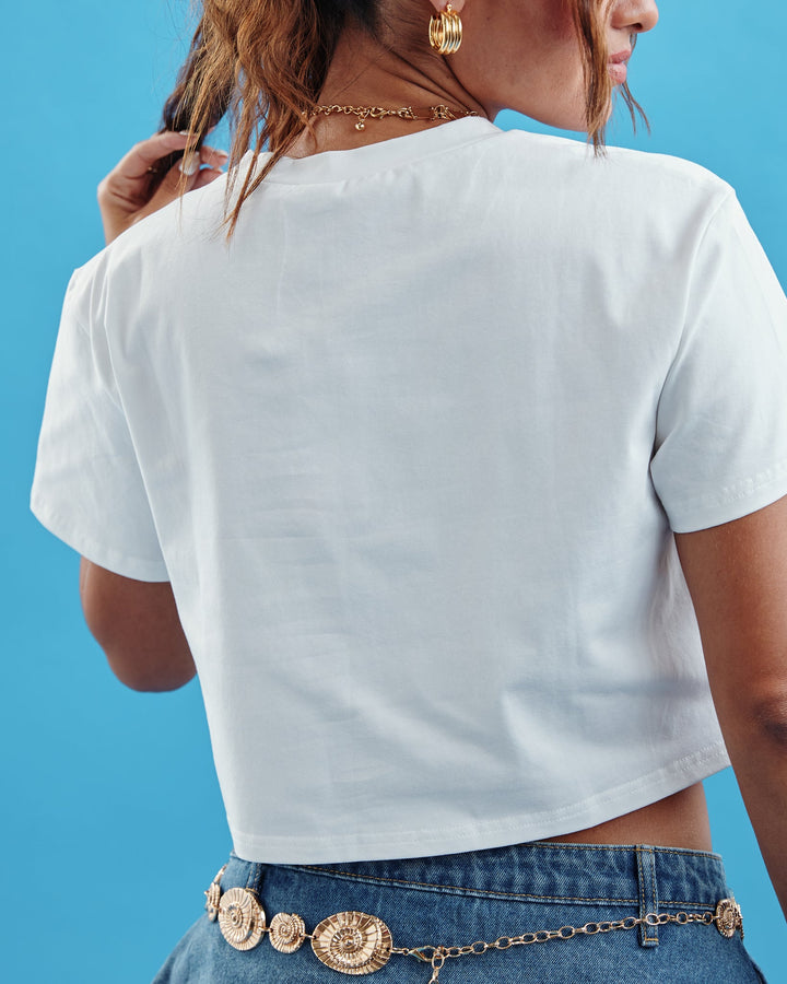 Valija Puerto Rican crop top in white, featuring a relaxed fit and short sleeves