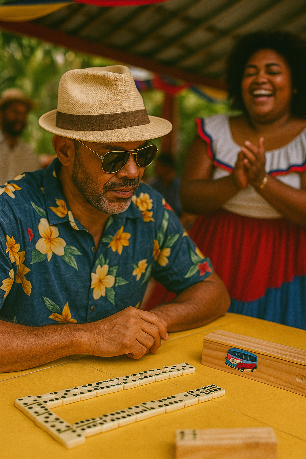 Man playing with a Puerto Rican dominoes set from Boricua Gift Shop on a yellow table