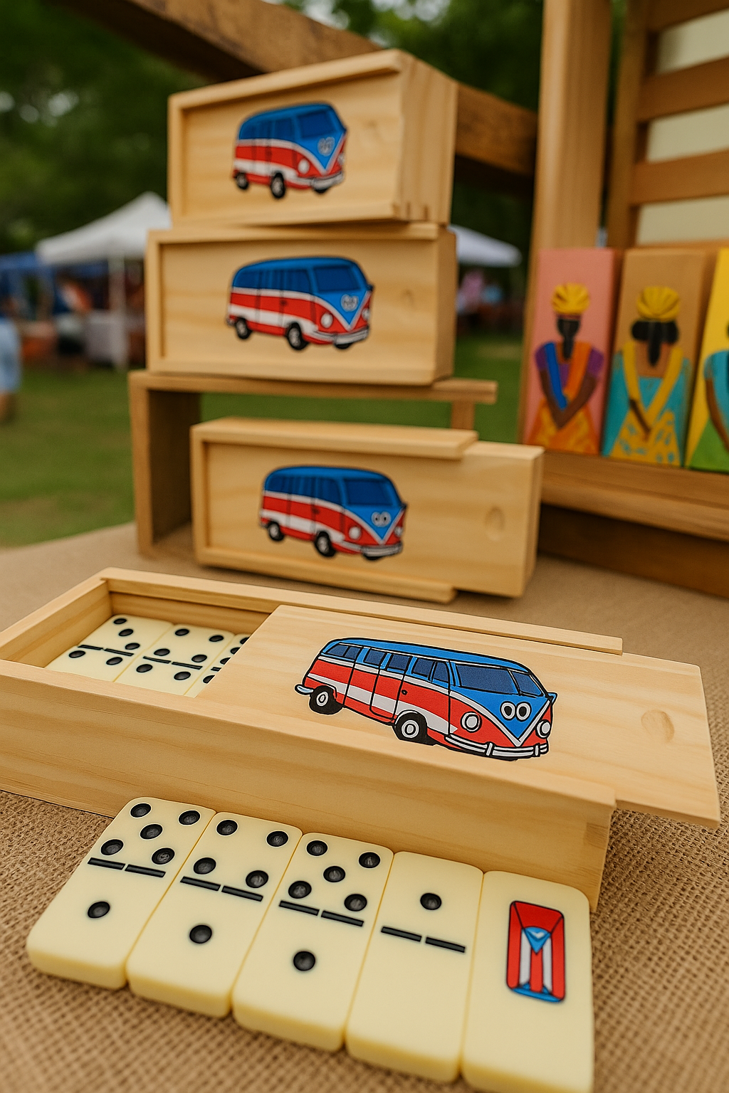 Puerto Rican dominoes set with wooden box featuring red and blue bus design from Boricua Gift Shop