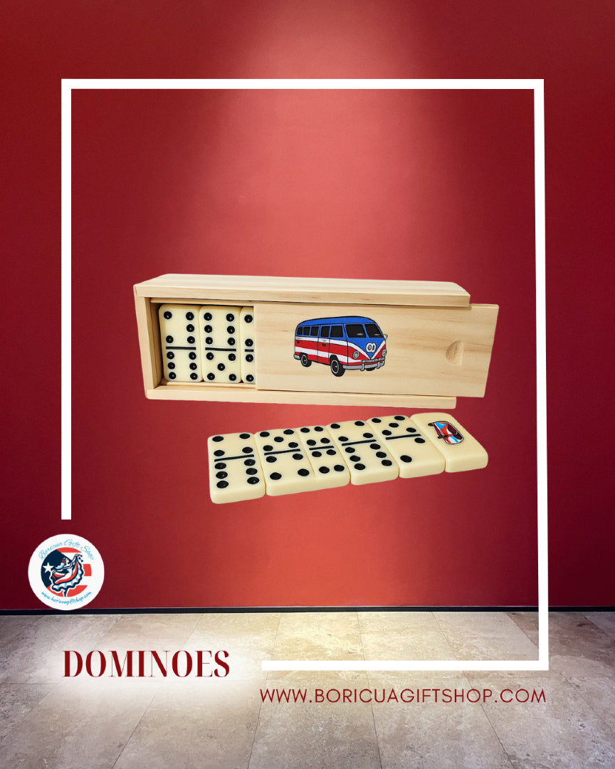 Puerto Rican dominoes set with wooden box featuring colorful vintage bus design from Boricua Gift Shop