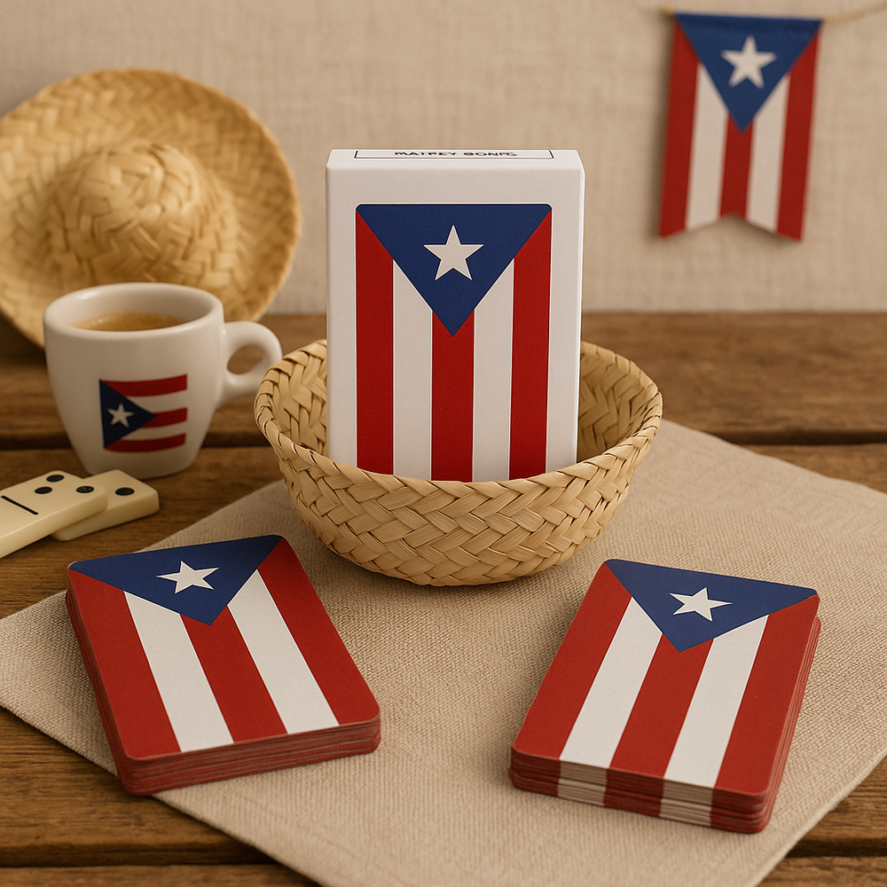 Puerto Rican flag playing cards displayed on table with matching mug and woven basket from Boricua Gift Shop